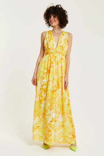 Yellow And Orange Floral Print V-neck Maxi Dress Liquorish